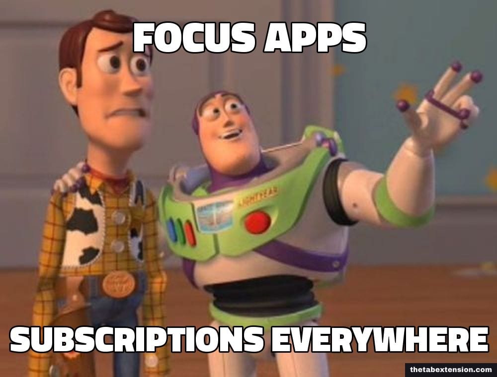 Buzz Lightyear meme captioned "focus apps" and "subscriptions everywhere"