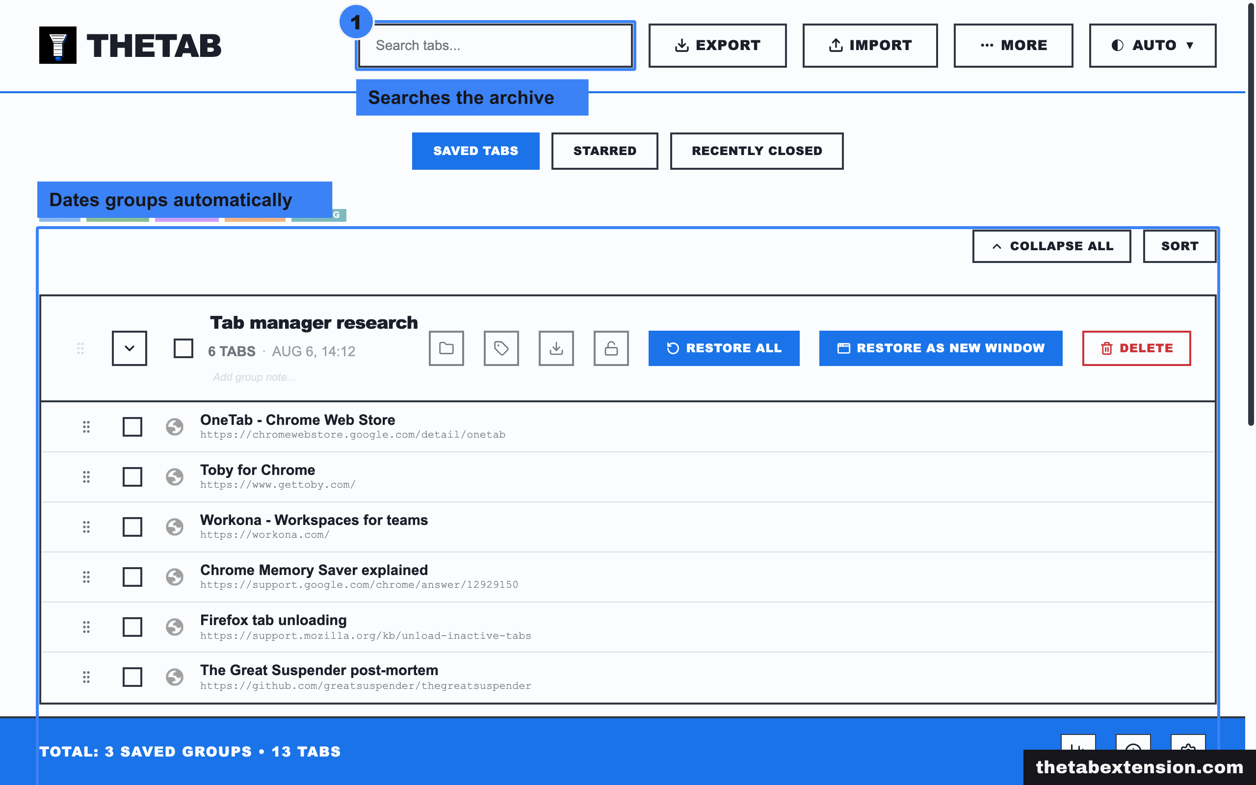 TheTab saved tabs page showing three saved sessions dated by day, with the search box and the dated group list highlighted