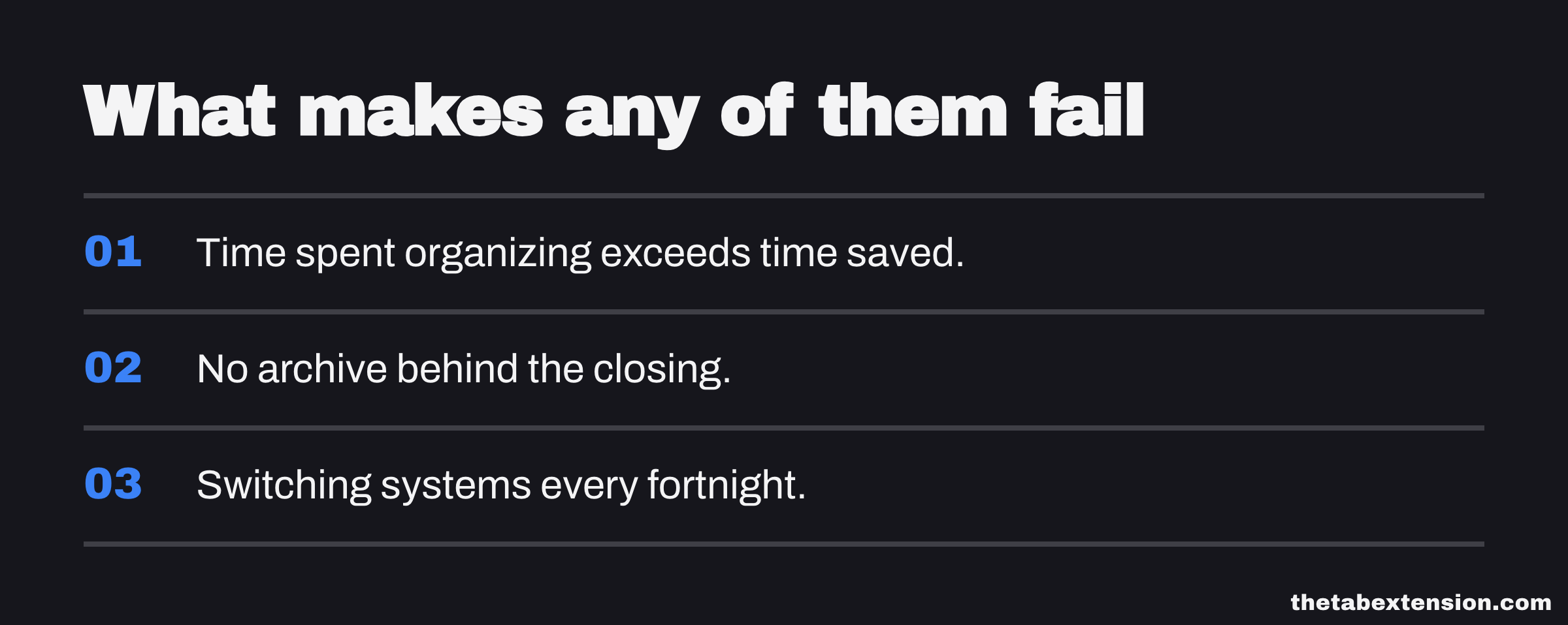Numbered checklist of the three reasons any tab organization system fails: organizing time exceeding time saved, no archive behind the closing, and switching systems every fortnight