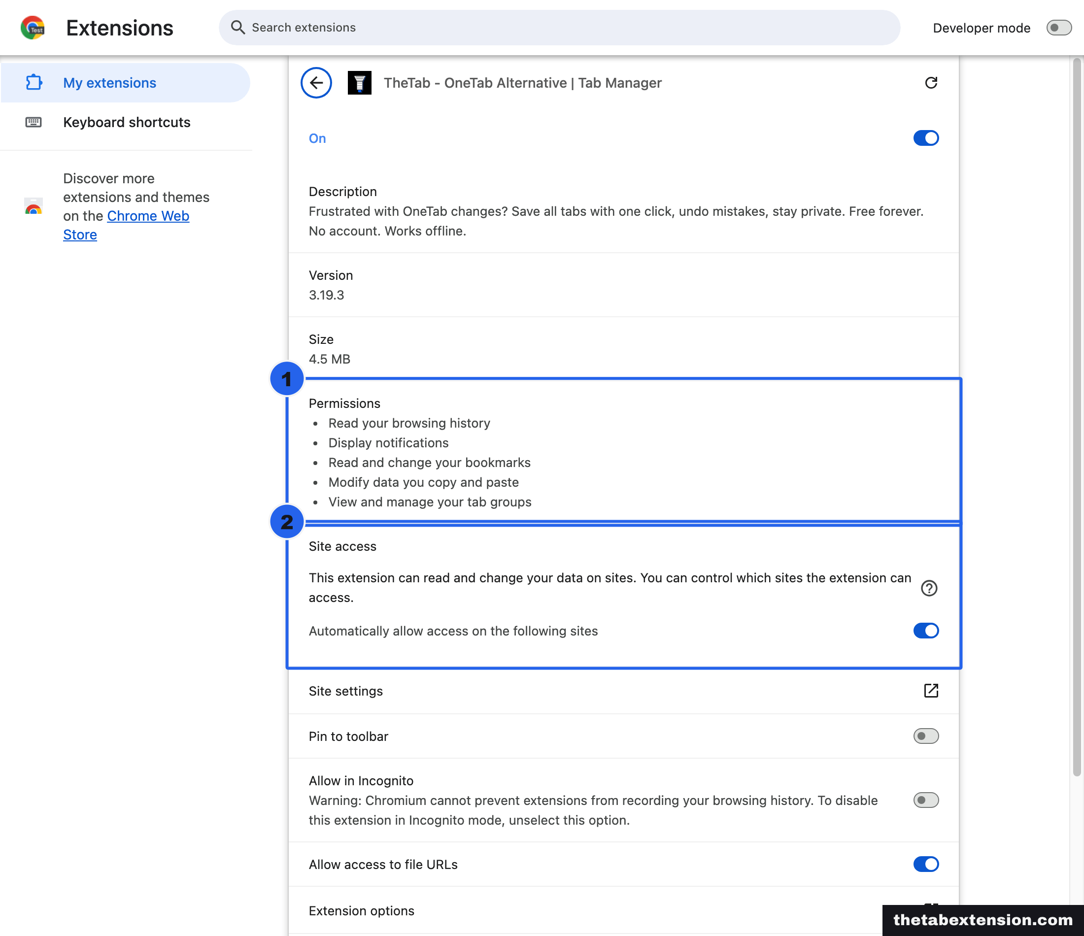 Chrome's extension details page for TheTab, showing five permission lines and a site access section