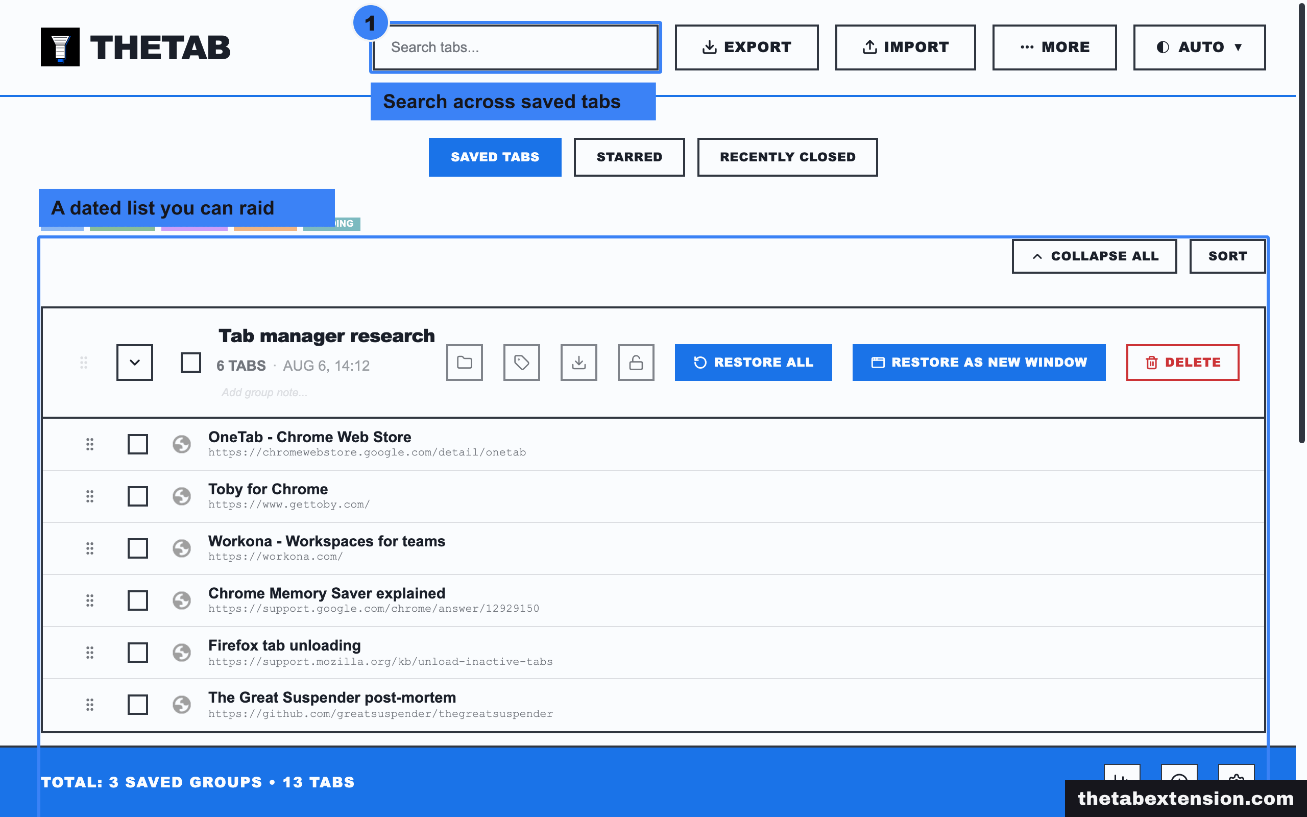 TheTab saved tabs page showing three automatically dated groups of saved tabs, with the search box and the group list highlighted