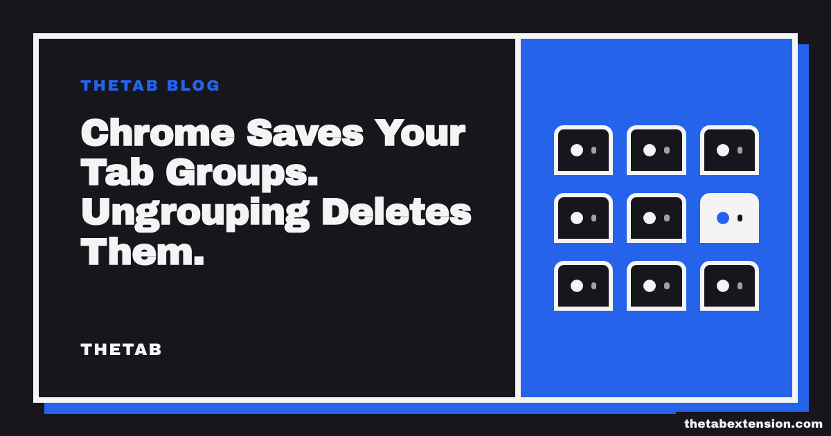 Title card reading "Chrome Saves Your Tab Groups. Ungrouping Deletes Them."