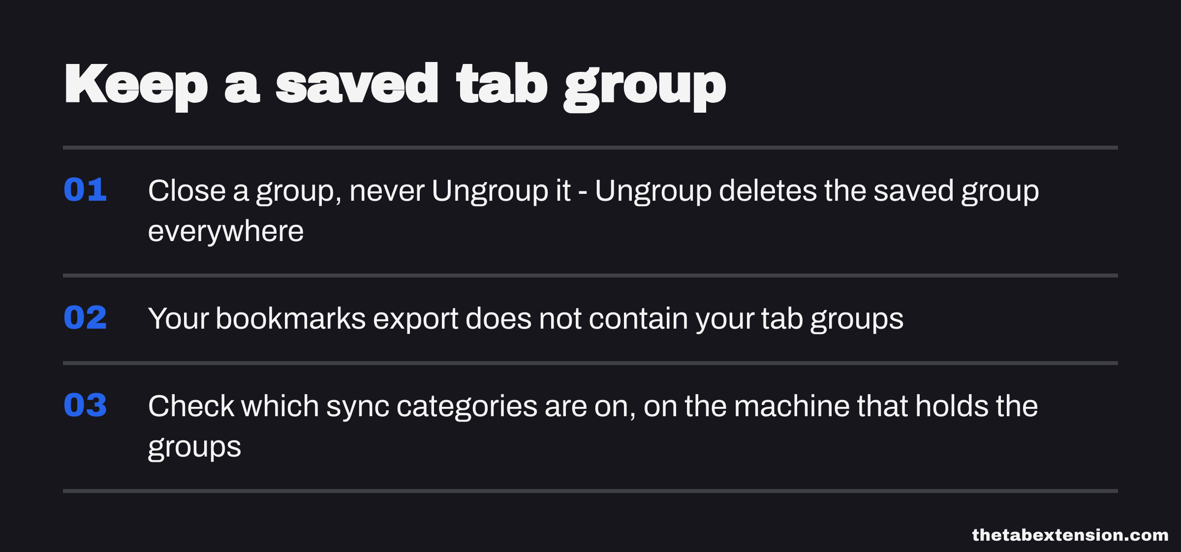 Checklist card titled "Keep a saved tab group" reading: close a group, never ungroup it; your bookmarks export does not contain tab groups; check sync is on where the groups are, not where you want them