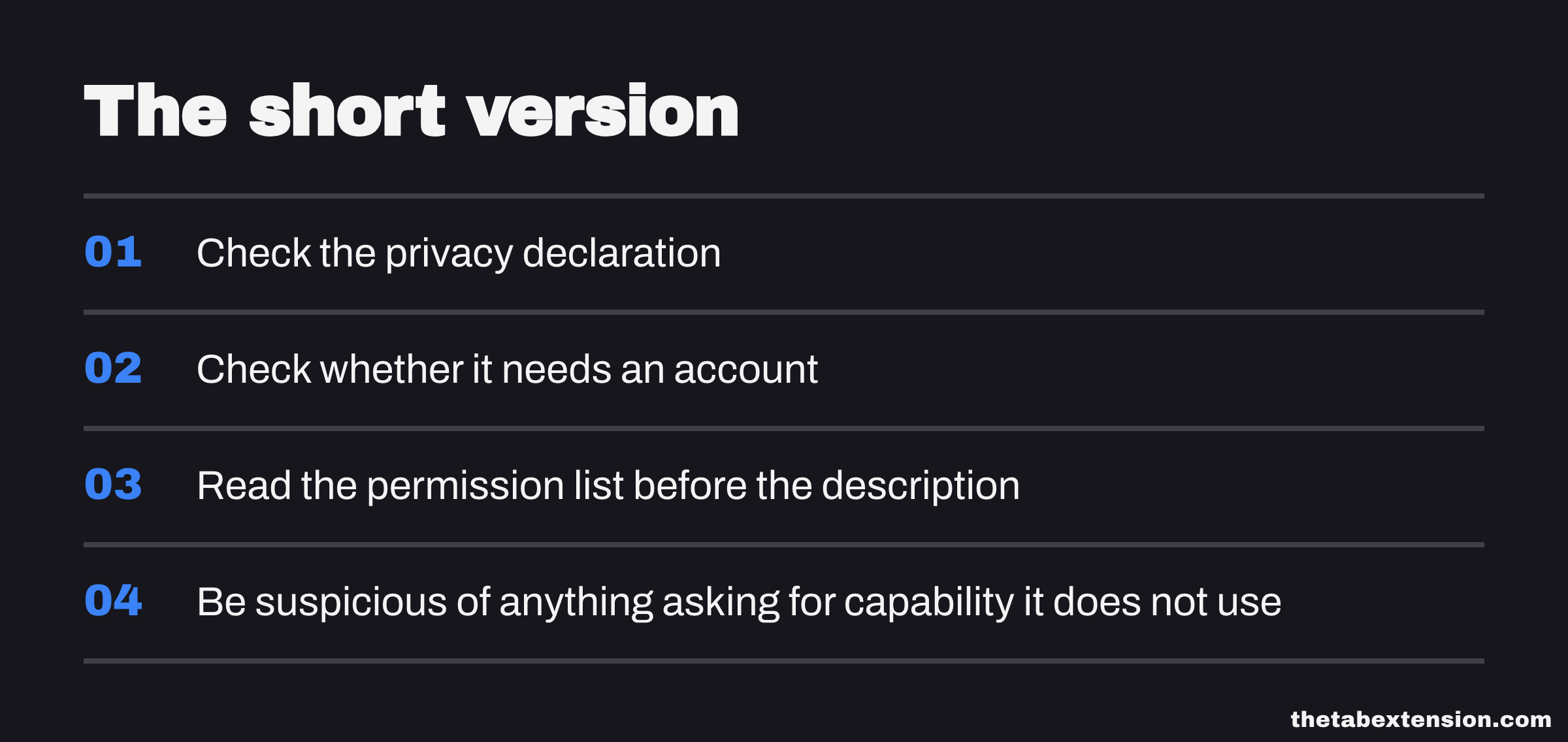 Checklist of the four-step check before installing an extension: privacy declaration, whether it needs an account, the permission list, and unexplained capability