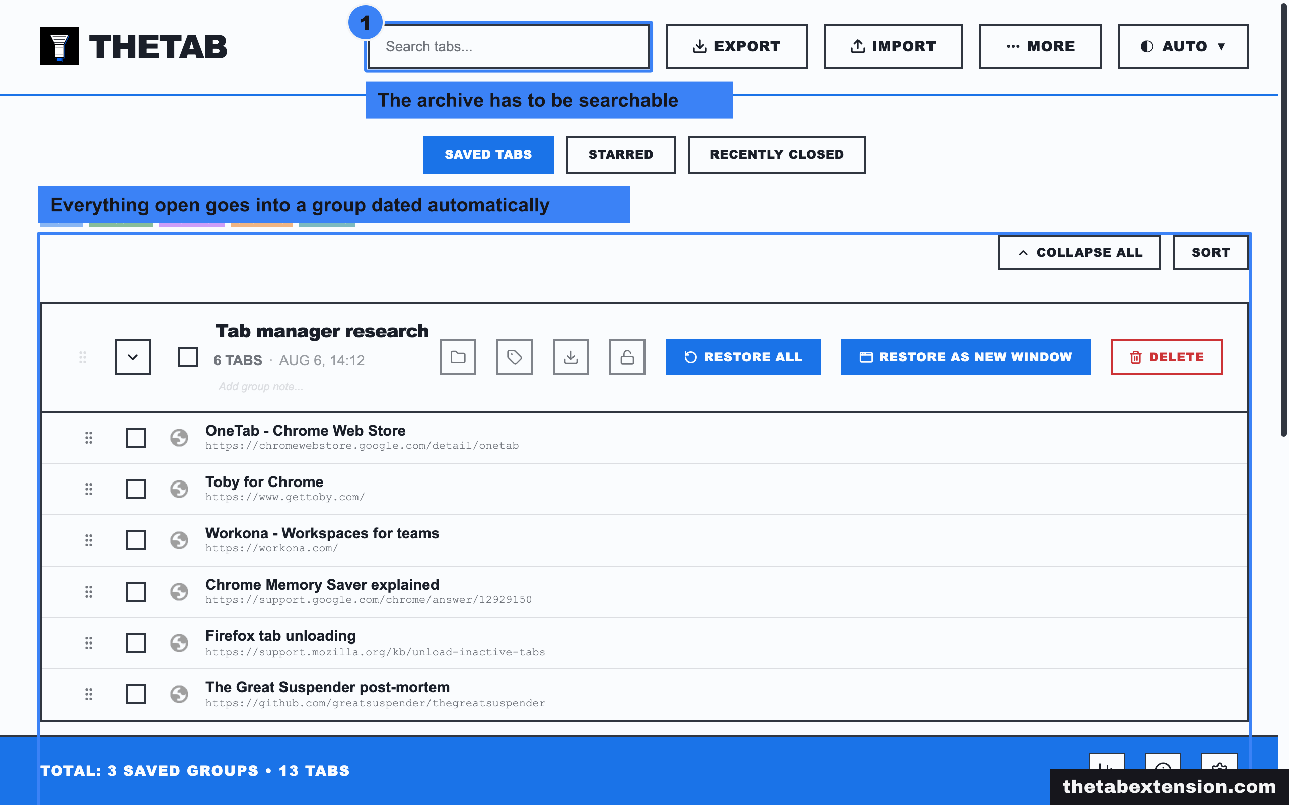 TheTab saved tabs page showing three dated groups of saved tabs, with the search box and the group list highlighted