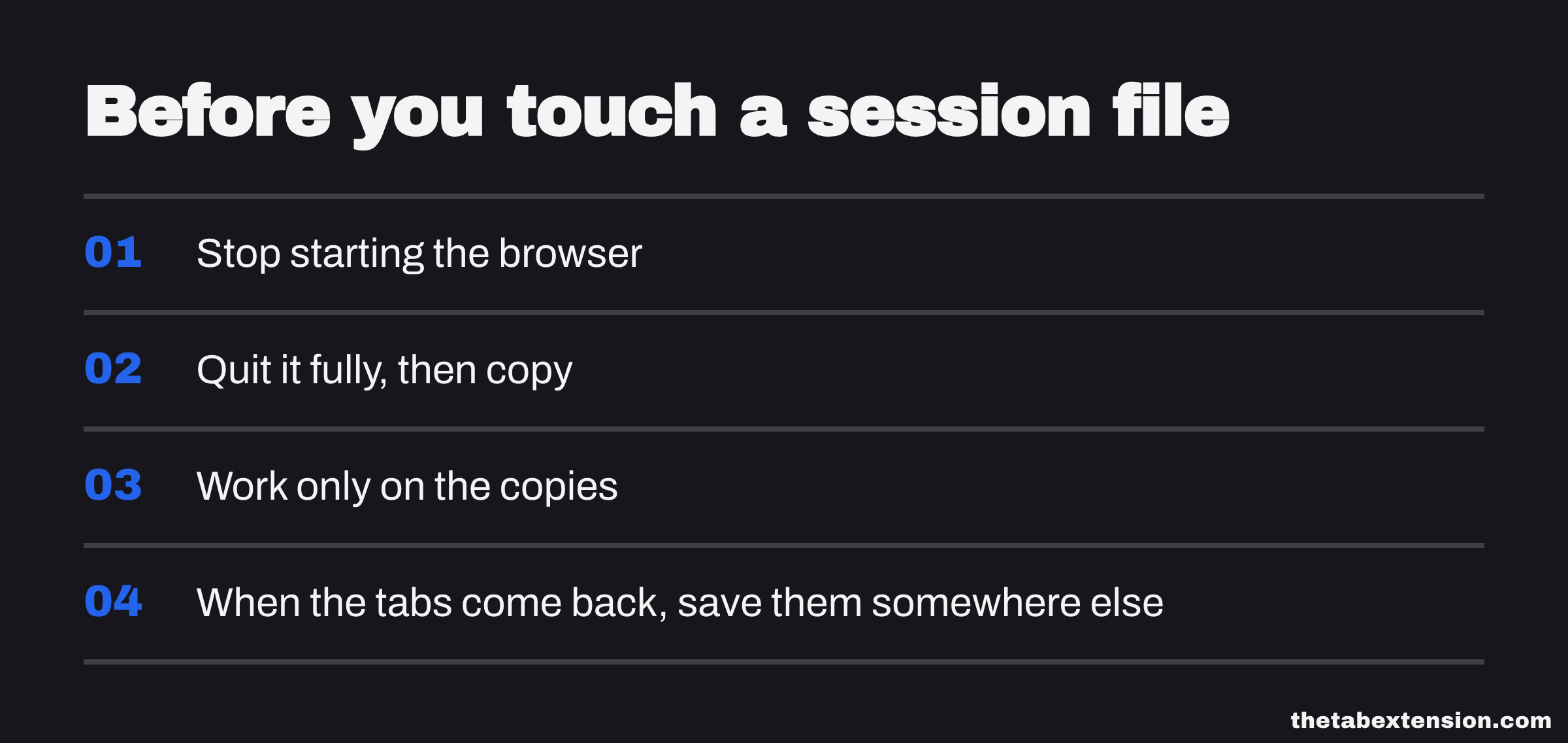 Checklist card titled "Before you touch a session file": stop starting the browser; quit it fully, then copy; work only on the copies; when the tabs come back, save them somewhere else