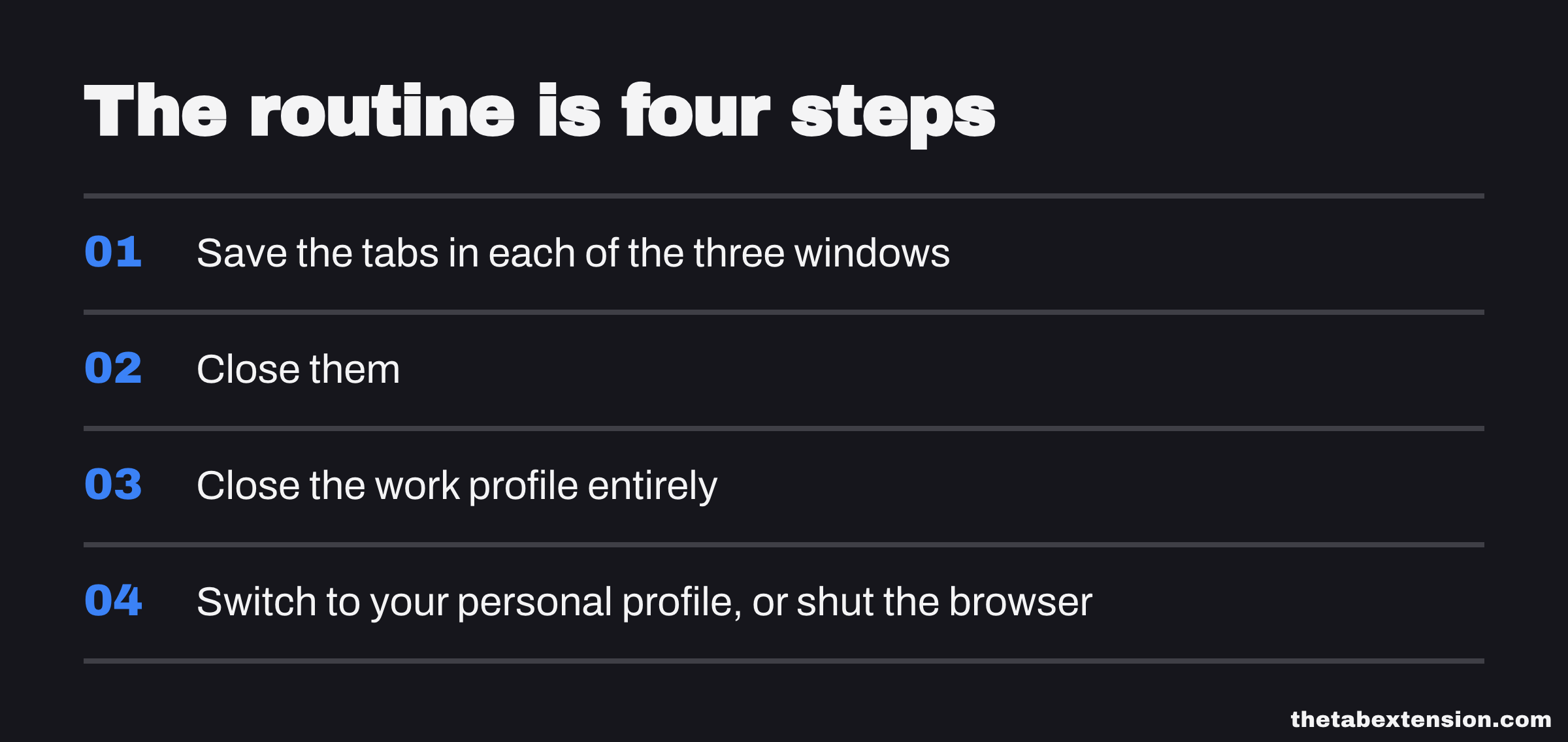Checklist of the four-step end-of-day browser routine: save the tabs in each window, close them, close the work profile, then switch profiles or shut the browser