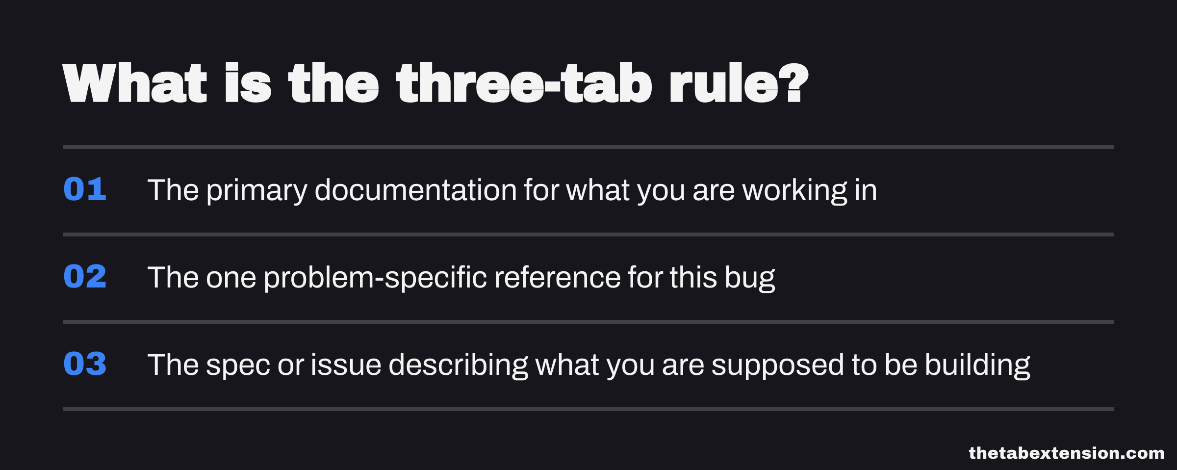 Checklist card titled "What is the three-tab rule?" listing the three reference categories allowed open at once