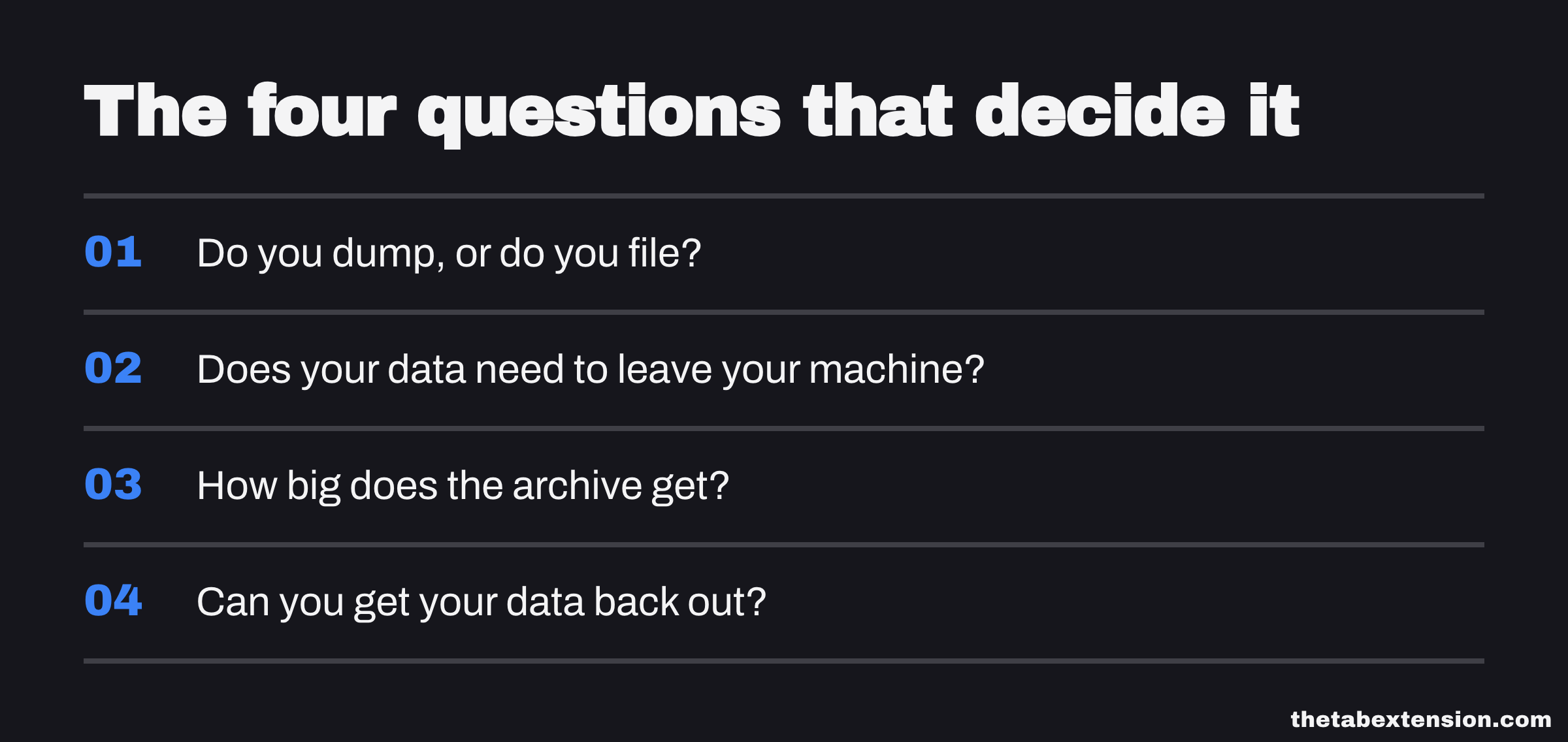 Checklist of the four questions that decide which tab manager suits you