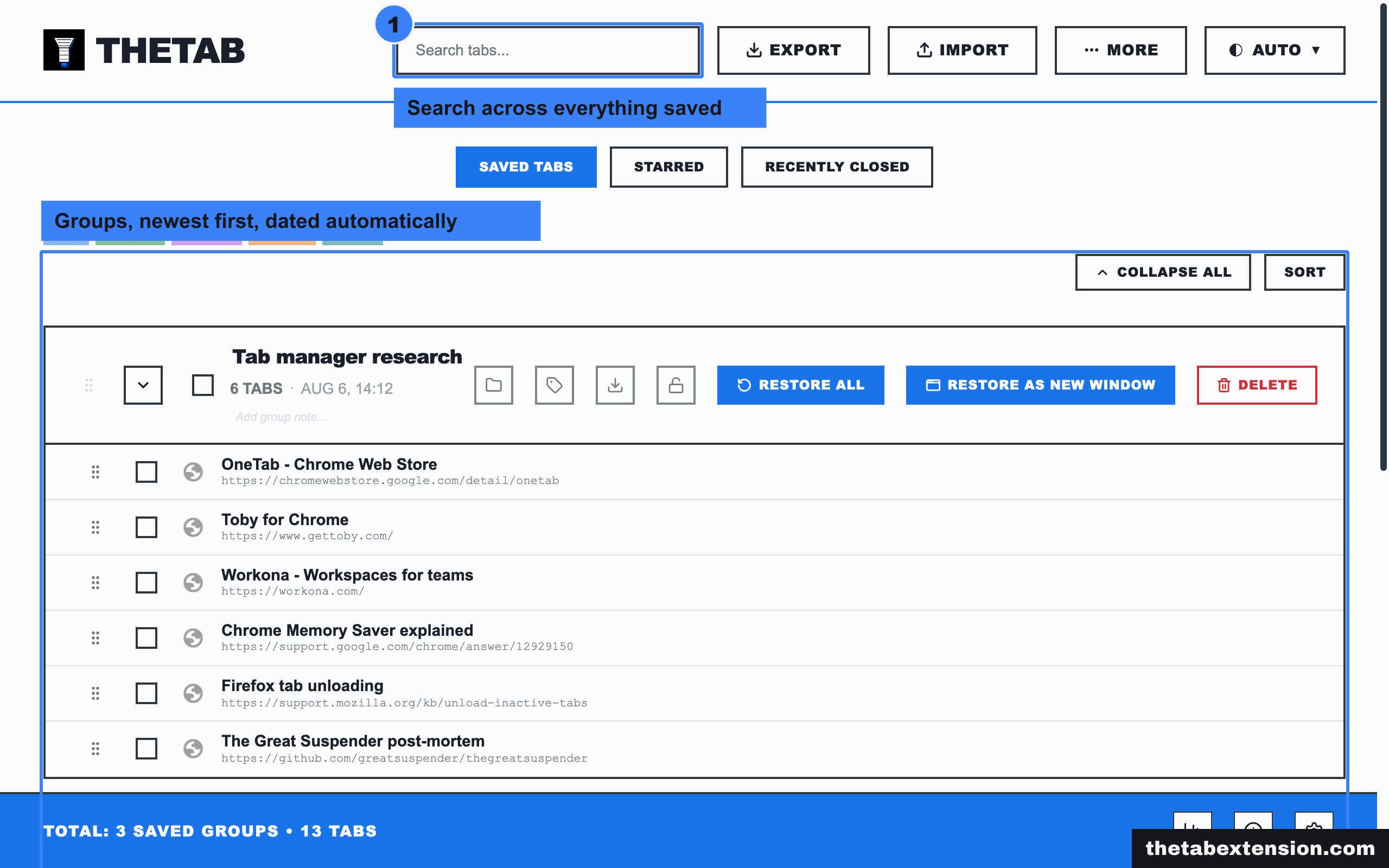 TheTab saved tabs page showing three dated groups of saved tabs, with the search box and the group list highlighted