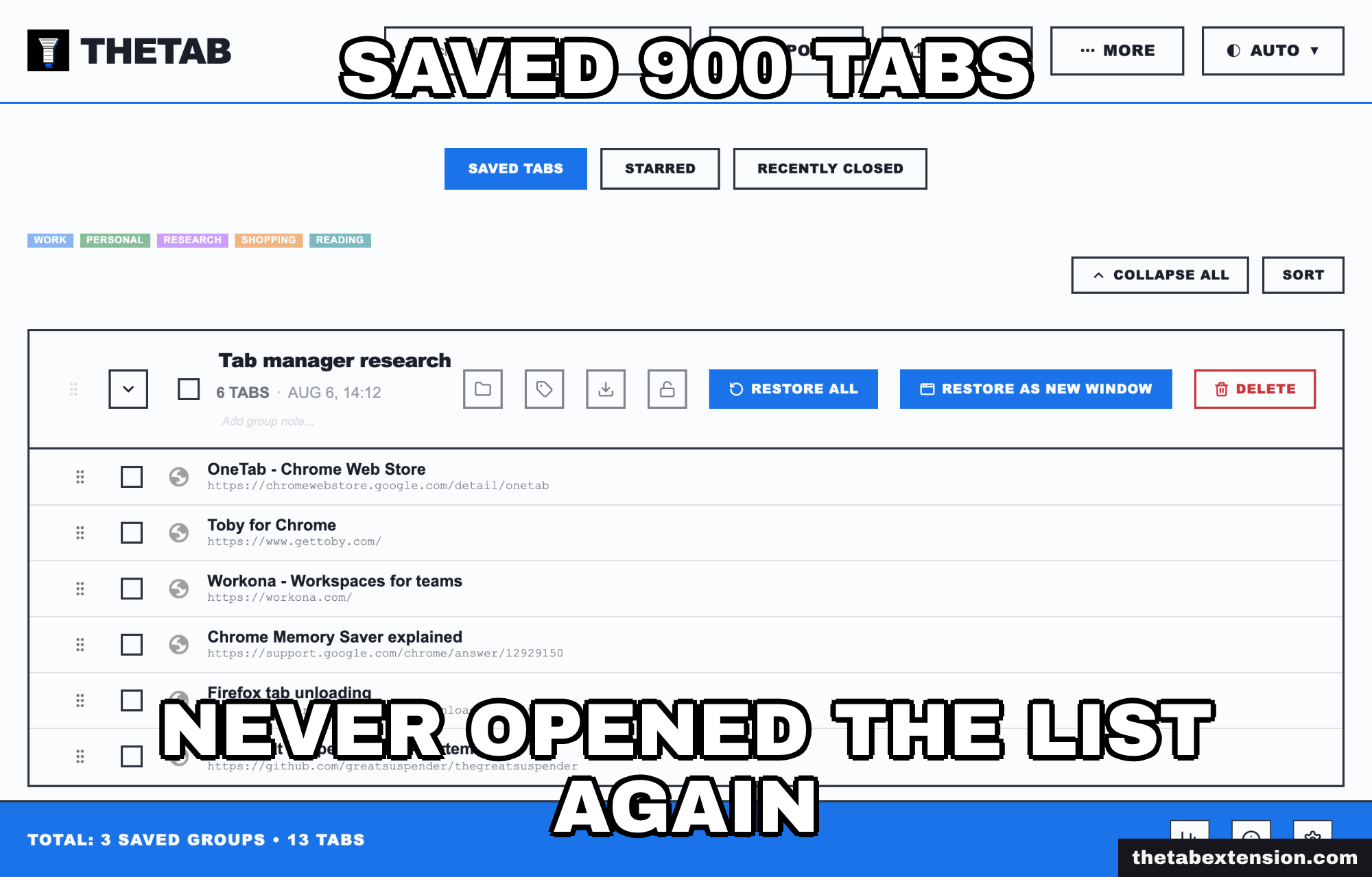 Meme captioned "saved 900 tabs" and "never opened the list again", over a screenshot of a long saved tab archive